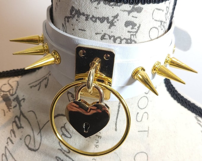 Pastel goth / Kawaii / punk / BDSM choker in white vegan leather with gold spikes.