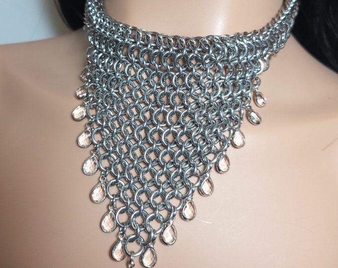 Featured listing image: Stainless steel and glass crystal chainmail necklace. Goth, BDSM, fetish, punk, alt fashion, prom. Festival.