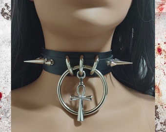 BEST SELLER! Gothic / punk / kawaii vegan leather choker with O-Ring, Ankh and spikes.