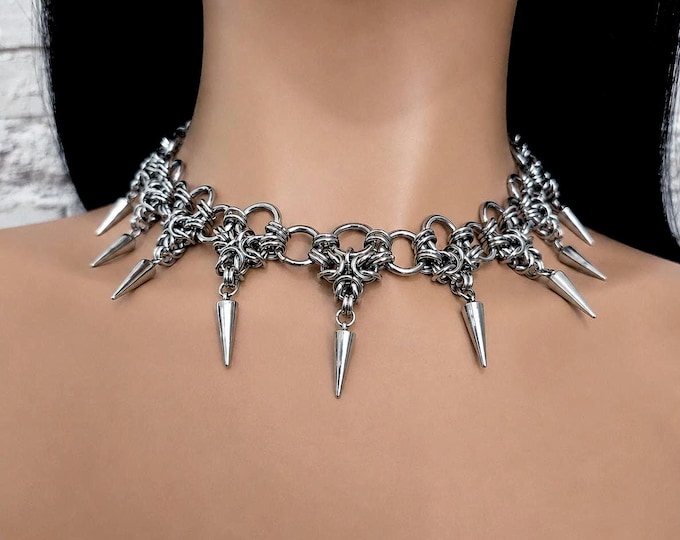 Gothic spiked stainless steel necklace – Industrial chainmail – Handmade adjustable necklace