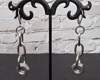Industrial Chain Earrings with Steel Nut – Stainless Steel Link Earrings – Minimal Industrial Jewelry – Handmade Metal Earrings