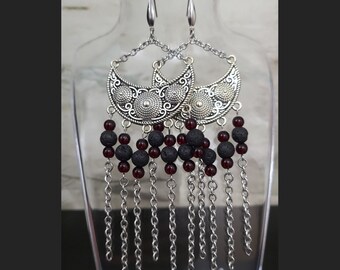 Goth tribal long earrings. Glass and lava beads. Alt fashion. gift. Festival.