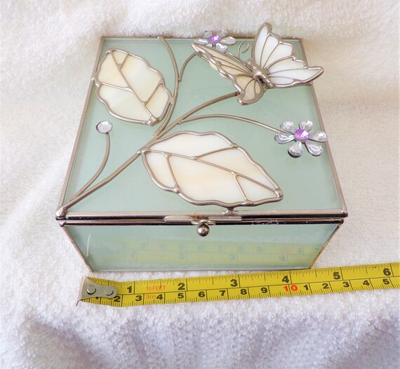 Vintage Glass Jewellery Box Butterfly Diamante & … - image 5