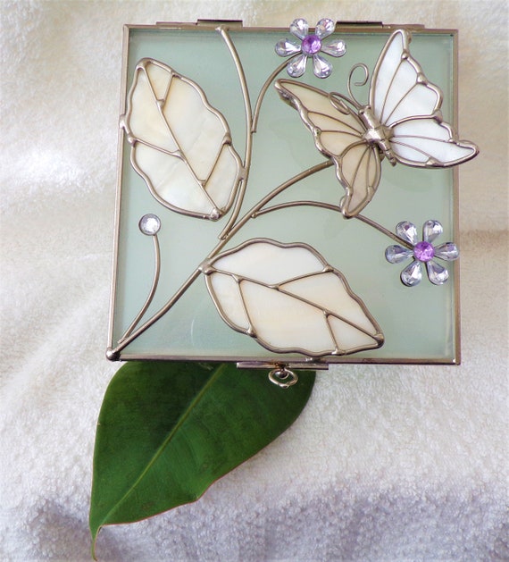 Vintage Glass Jewellery Box Butterfly Diamante & … - image 1