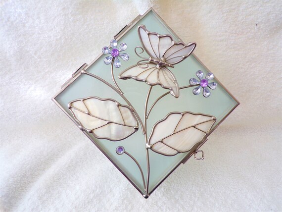 Vintage Glass Jewellery Box Butterfly Diamante & … - image 3