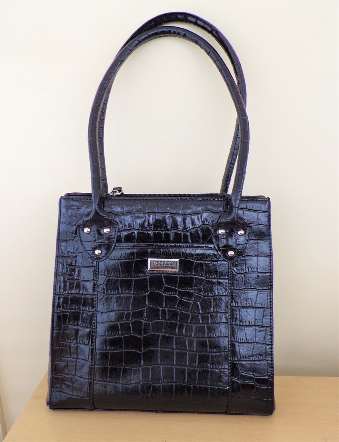 Vintage 1990s OSPREY London Bag Black Mock Croc Patent Leather Shoulder