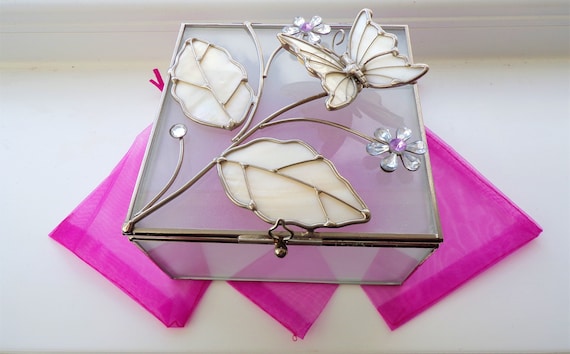 Vintage Glass Jewellery Box Butterfly Diamante & … - image 2