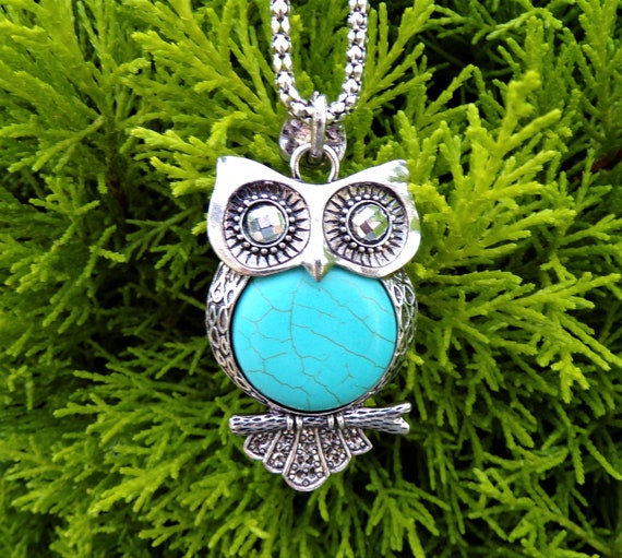 Buy Vintage 2000 Owl Necklace Turquoise Silver Long Chain Online
