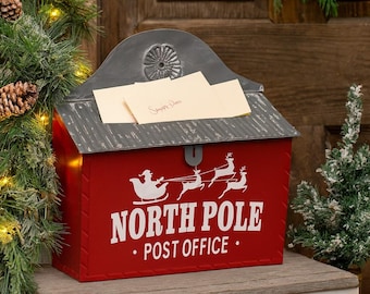 North Pole Vintage Post Box | Red & White Christmas Mailbox | Farmhouse Holiday Wall Decor | Rustic Santa Sleigh Design