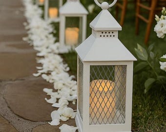 White Decorative Lantern with LED Candle – Vintage Farmhouse Lantern for Wedding Centerpieces, Tabletop Décor, Patio, Memorial & Gift(6 pc)