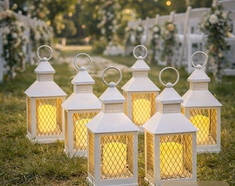 White Farmhouse Lantern with LED Candle (Set of 6): Wedding Centerpiece Decor
