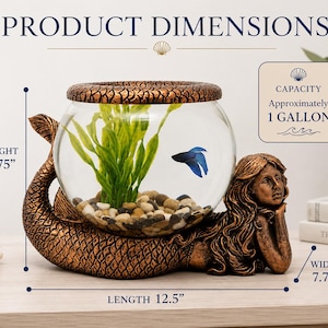 May include: A bronze-colored mermaid-themed aquarium with a clear glass bowl. The aquarium is 12.5 inches long, 8.75 inches high, and 7.75 inches wide. It holds approximately 1 gallon. The bowl contains gravel, plants, and a blue fish.
