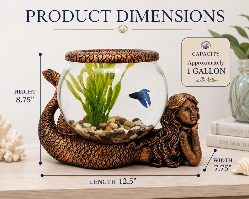 May include: A bronze-colored mermaid-themed aquarium with a clear glass bowl. The aquarium is 12.5 inches long, 8.75 inches high, and 7.75 inches wide. It holds approximately 1 gallon. The bowl contains gravel, plants, and a blue fish.