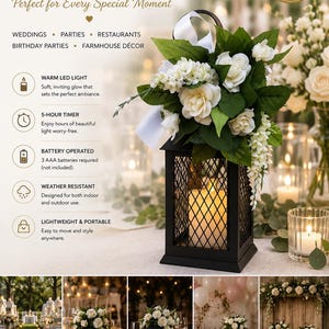May include: A black metal lantern with a lattice design containing a warm LED candle. The top is adorned with white artificial flowers and green leaves. Text includes ELEGANT LIGHT. TIMELESS MEMORIES. SET OF 6, and features for LED light, timer, batteries, weather resistance, and portability.