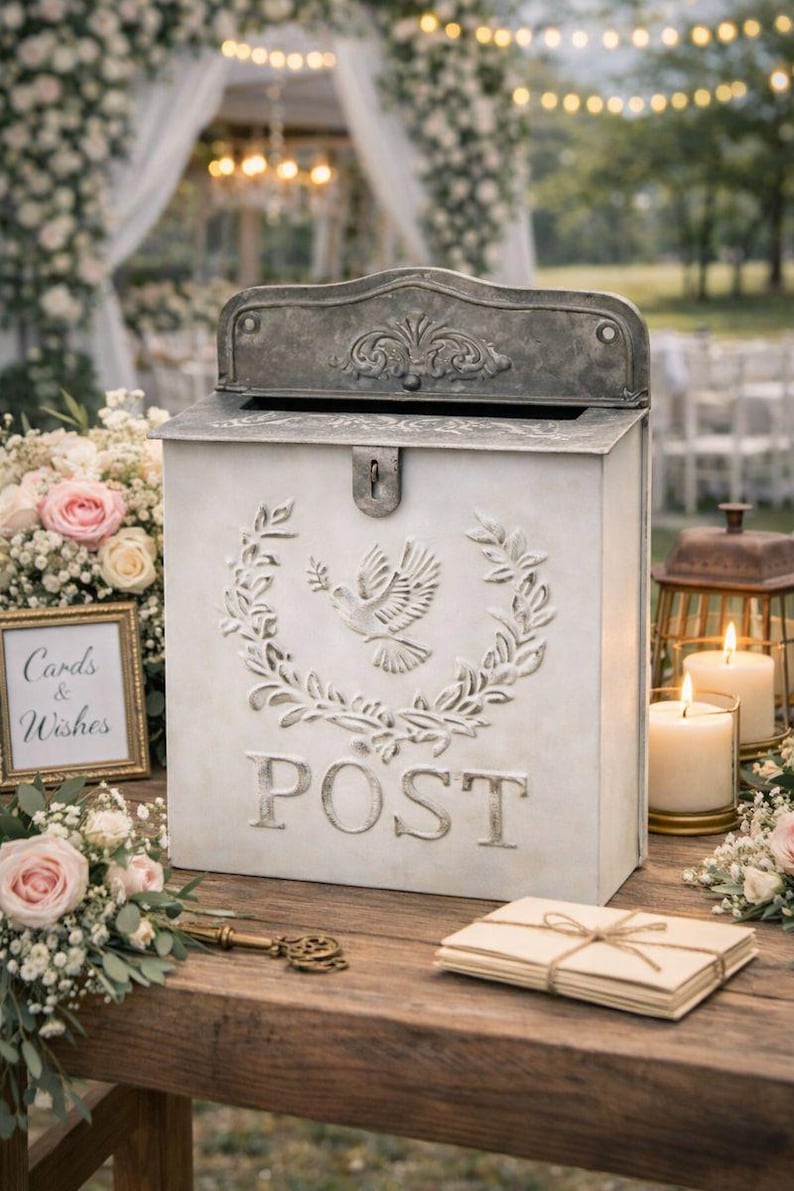 May include: A white metal post box with a decorative dove and wreath design. The word "POST" is embossed on the front. A key, cards, and candles are arranged on a wooden table, suggesting a wedding or event setting.