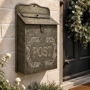 May include: A wall-mounted galvanized metal mailbox with a weathered gray finish. The front features the word POST embossed in the center, surrounded by decorative scrollwork. It has a hinged lid with a small knob and a locking mechanism.
