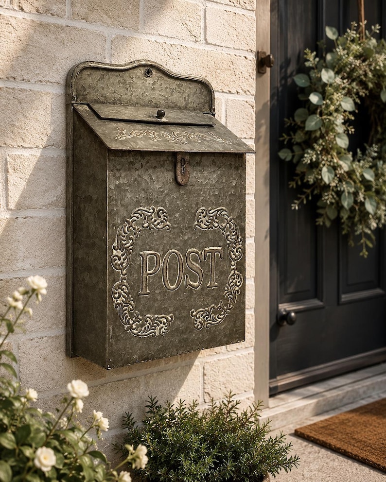 May include: A wall-mounted galvanized metal mailbox with a weathered gray finish. The front features the word POST embossed in the center, surrounded by decorative scrollwork. It has a hinged lid with a small knob and a locking mechanism.