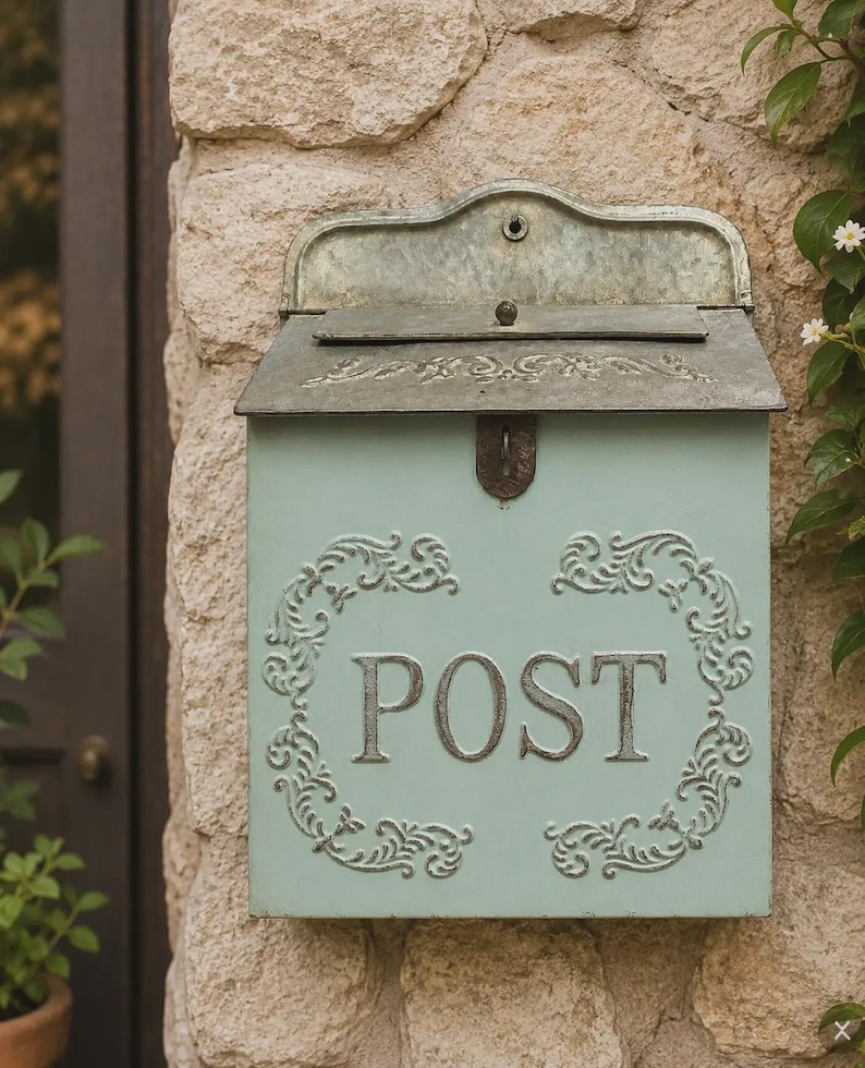 May include: A light mint green metal mailbox with a weathered finish. The front features the word POST in raised silver lettering, surrounded by an ornate embossed scrollwork border. It has a hinged lid and a decorative arched top panel.