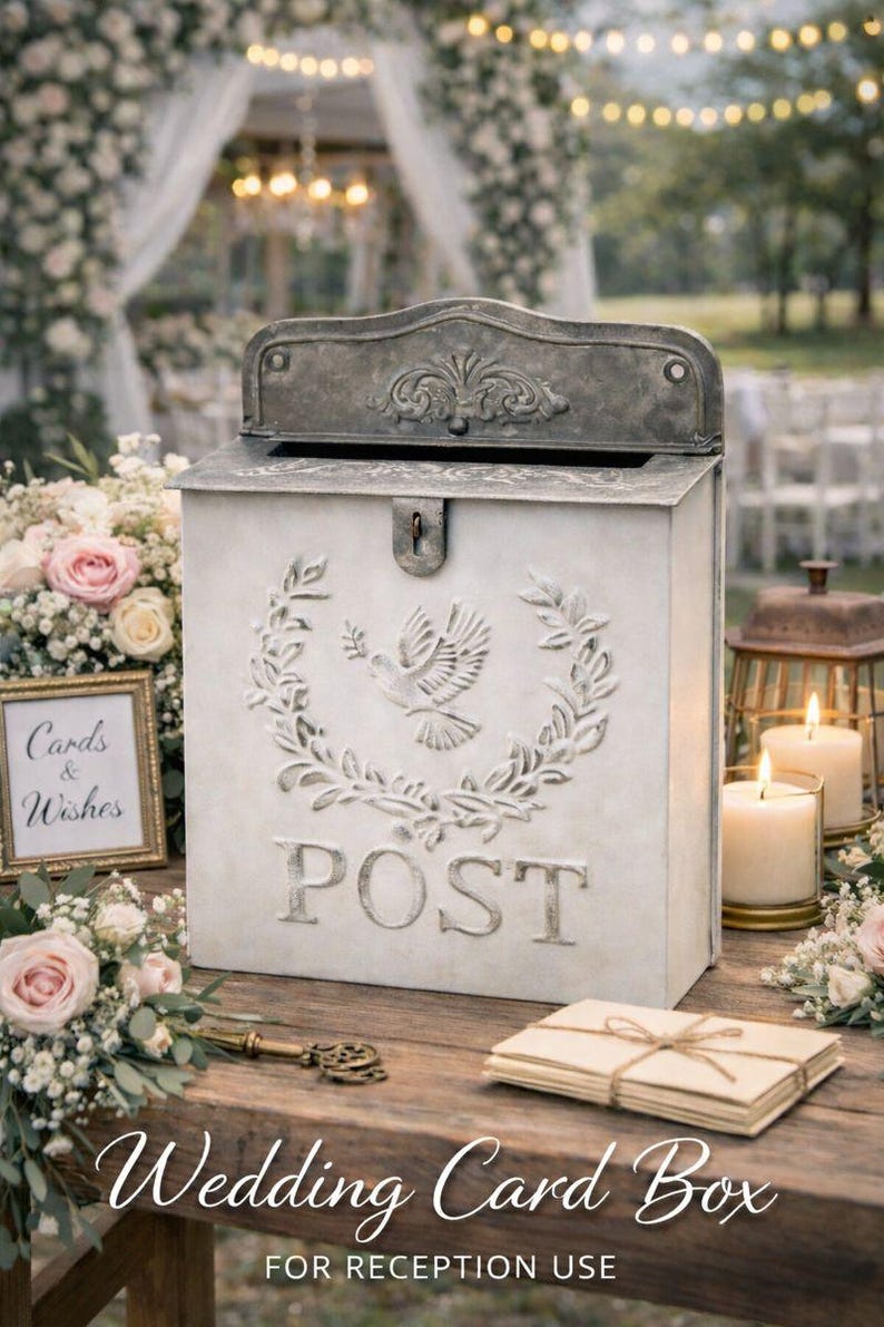 May include: A vintage-style wedding card box with a distressed finish. The box features a dove and wreath design, with the word "POST" embossed on the front. A key and cards are placed on a wooden table, with flowers and candles in the background.