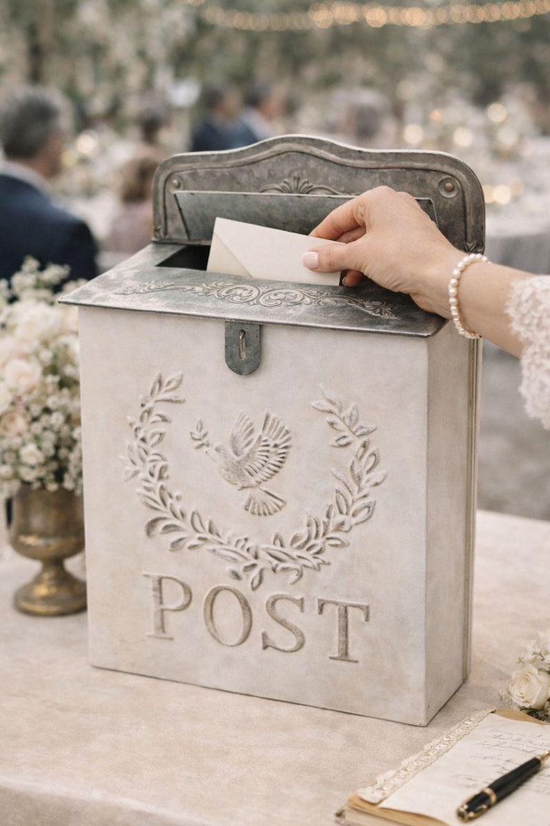 May include: A vintage-style mailbox with a dove and laurel wreath design. The word "POST" is embossed on the front. The mailbox is light beige with a metal lid and a hand is placing a card inside.