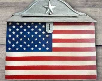 Vintage American Flag Post Box | Rustic Farmhouse Wall Mailbox | Patriotic Americana Home Decor 16&quot;x11&quot;