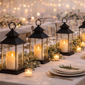 May include: A beautifully set table with black lanterns, each holding a glowing candle. The lanterns are surrounded by greenery and small candles, creating a warm, inviting ambiance. White plates, silverware, and wine glasses complete the elegant setting.