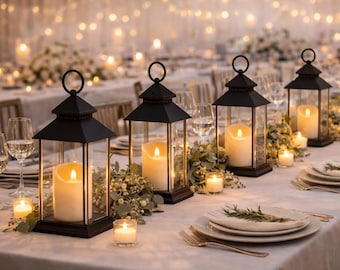 Set of 4 Black Modern Lanterns with LED Candles | Wedding Centerpieces, Patio Decor