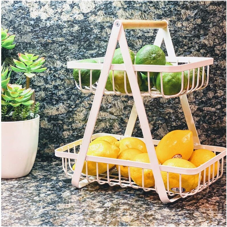 Farmhouse 2-tier Metal Basket With Wood Handle: Rustic Kitchen ...