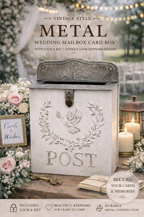 Vintage Style Metal Wedding Card Box with Lock & Key | Antique Look Mailbox Keepsake