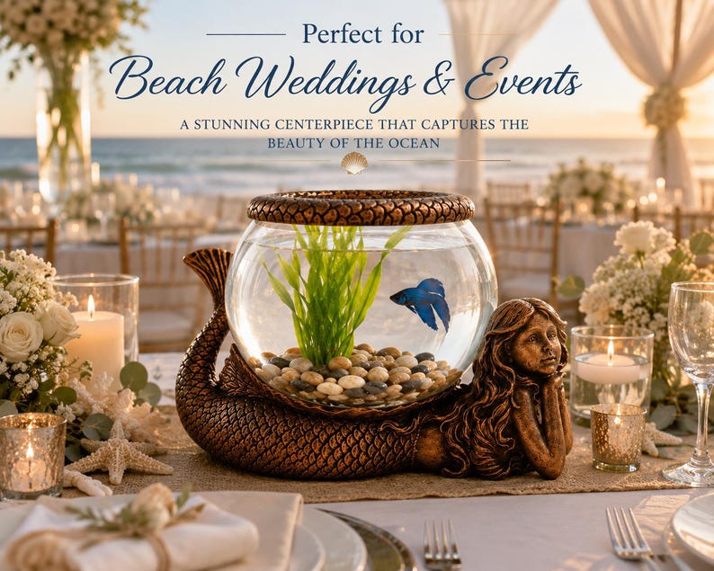 May include: A decorative centerpiece for beach weddings and events. It features a glass bowl with a blue fish, green plants, and pebbles, supported by a bronze mermaid sculpture. The text reads "Beach Weddings & Events".