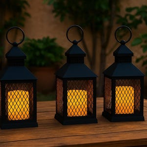 Set of 12 Black Farmhouse Lanterns | 10” Decorative LED Candle Lanterns with Timer | Rustic Outdoor, and Indoor Wedding, Patio & Home Décor