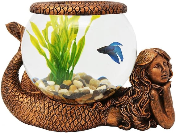 Mermaid Fishbowl: Antique Gold Resin Figurine, Glass Terrarium Aquarium
