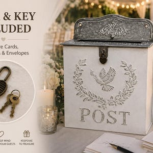 Vintage Style Metal Wedding Card Box with Lock & Key | Antique Look Mailbox Keepsake image 2
