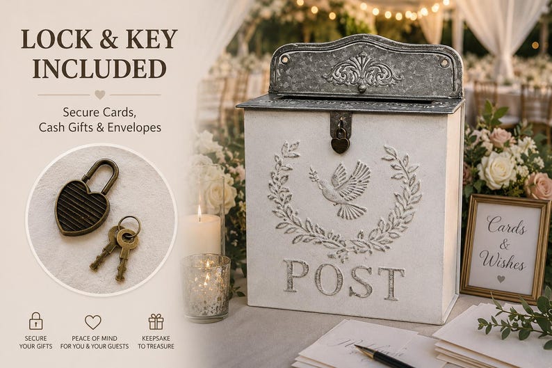 Vintage Style Metal Wedding Card Box with Lock & Key | Antique Look Mailbox Keepsake image 2