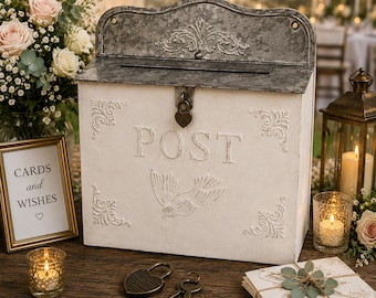 Vintage Style Metal Wedding Card Box with Lock & Key | Antique Look Mailbox Keepsake
