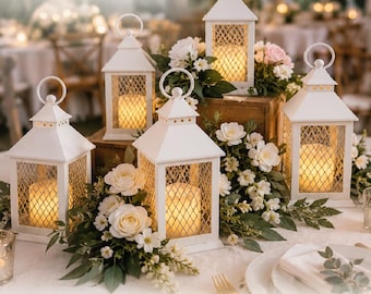 White Farmhouse Lantern with LED Candle (Set of 6 or 12): Wedding Centerpiece Decor