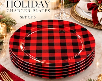 May include: A set of six round charger plates featuring a red and black buffalo plaid pattern. The text HOLIDAY CHARGER PLATES SET OF 6 is printed above the stacked plates. The plates have a smooth, glossy finish and a wide, flat rim.