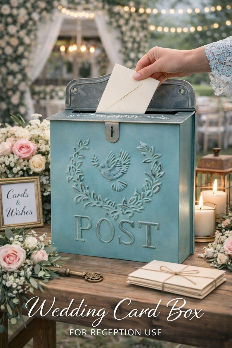May include: A teal wedding card box with a dove and floral design, with the word "POST" embossed on the front. A hand is placing a card into the slot. The words "Cards & Wishes" are in a framed sign. The words "Wedding Card Box" are at the bottom.