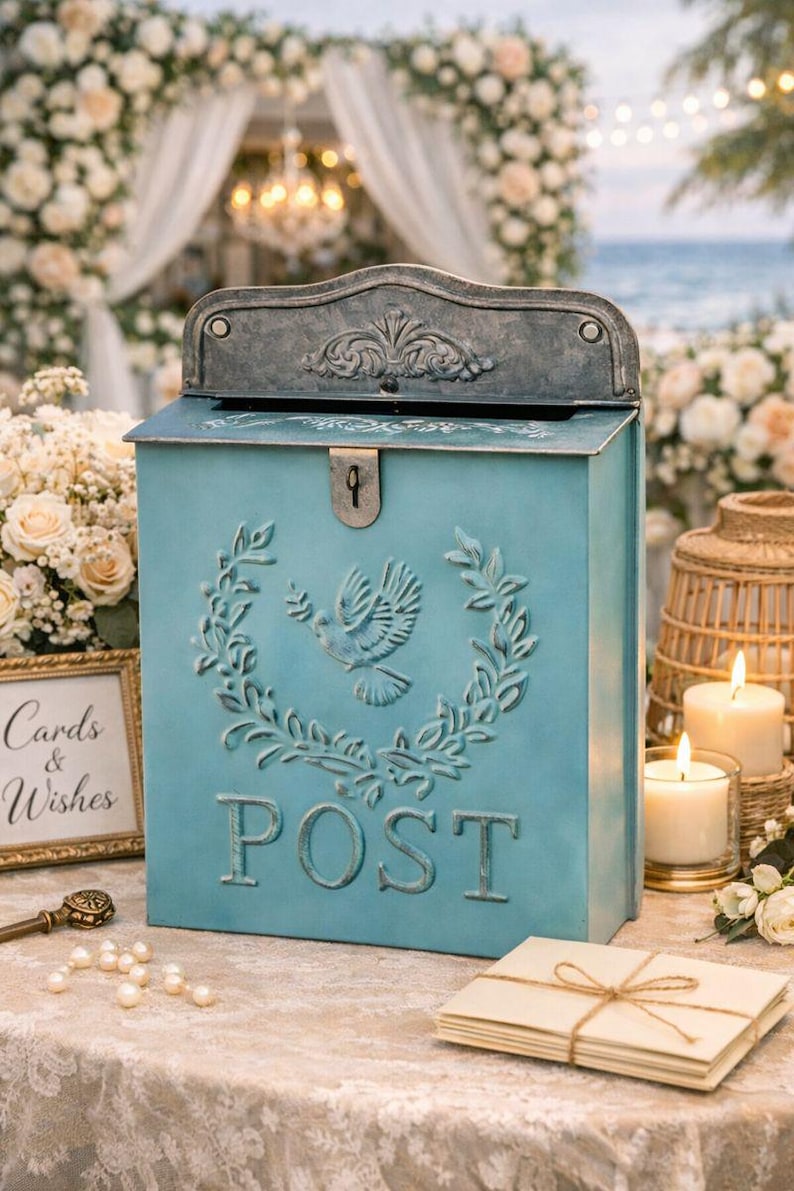 May include: A light blue metal mailbox with a decorative dove and wreath design. The word "POST" is embossed on the front. The mailbox has a hinged lid and a lock. The background includes flowers, candles, and a sign that says "Cards & Wishes".