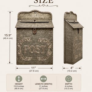 May include: A galvanized metal wall-mounted mailbox with a hinged lid and the word POST embossed on the front. The mailbox measures 15.9 inches in height, 11 inches in width, and 4 inches in depth, featuring decorative scrollwork around the text.