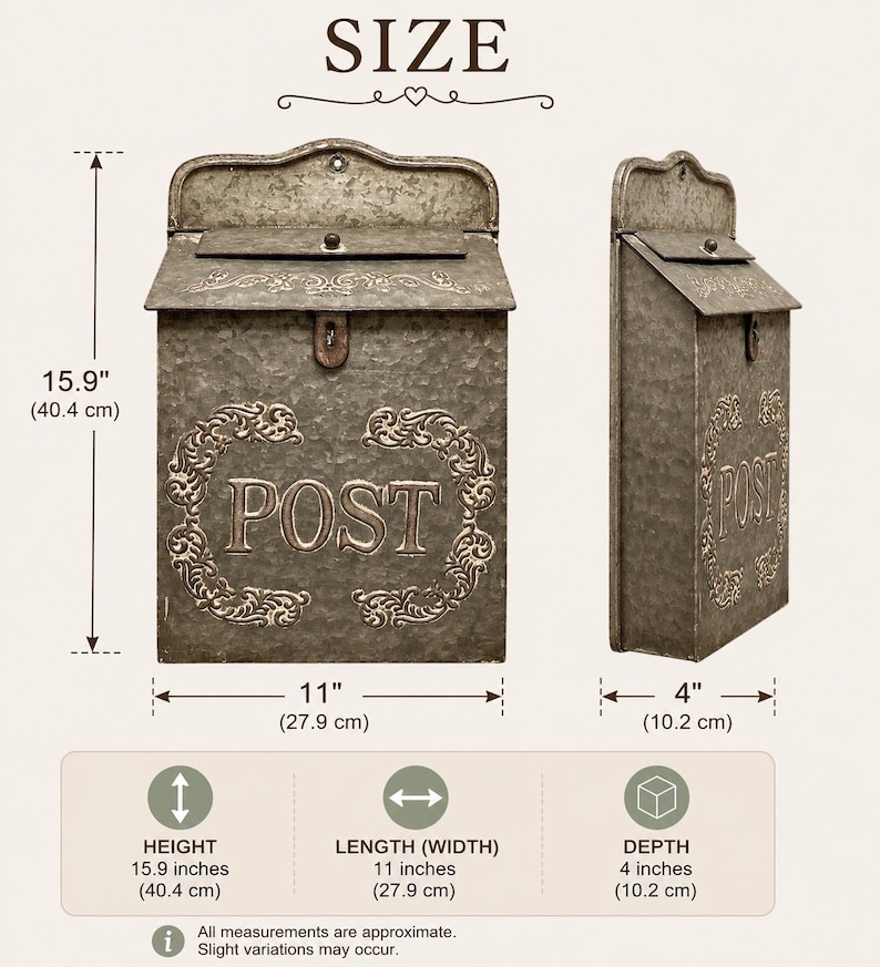 May include: A galvanized metal wall-mounted mailbox with a hinged lid and the word POST embossed on the front. The mailbox measures 15.9 inches in height, 11 inches in width, and 4 inches in depth, featuring decorative scrollwork around the text.