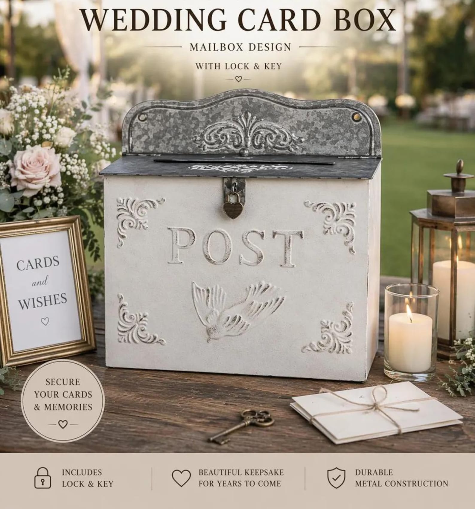 Vintage Style Metal Wedding Card Box with Lock & Key | Antique Look Mailbox Keepsake - White