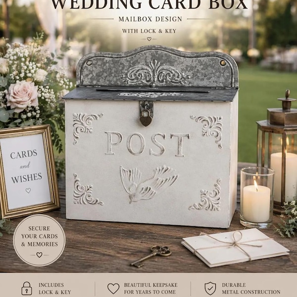 Vintage Style Metal Wedding Card Box with Lock & Key | Antique Look Mailbox Keepsake
