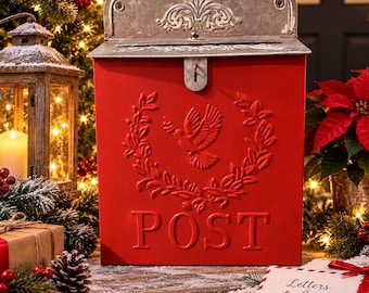 Red Christmas Card Box, Hand Painted Vintage Metal POST Mailbox, Letters to Santa Box, Holiday Party Card Holder, Christmas Decor