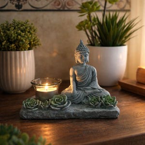 May include: A gray Buddha statue with a lit candle in a glass holder. The statue sits on a stone base adorned with green succulent plants. The scene evokes a sense of peace and tranquility, suitable for home decor.