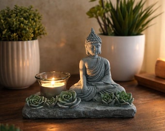Buddha Candle Holder with Succulent Base – Zen Meditation Decor, Tealight Holder for Bathroom, Bedroom, Yoga or Spa Space