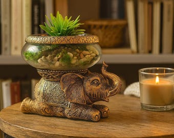 Decorative Gold Elephant Glass Bowl | Antiqued Terrarium, Candle Holder, or Aquarium | Good Luck Gift with Box