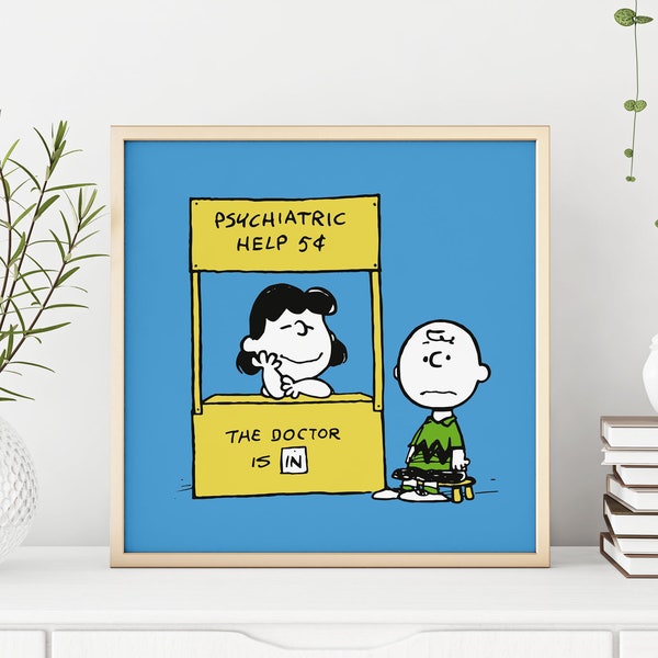 Charlie Brown and Lucy Digital Print, "The Doctor Is In" Charlie Brown Download, Snoopy Peanuts Digital Artwork