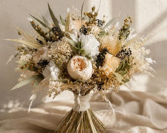 Sage Green Wedding Bouquet, Preserved Peony Bridal Bouquet, Dried Flower Wedding Bouquet, Eucalyptus Greenery  Bride Arrangement