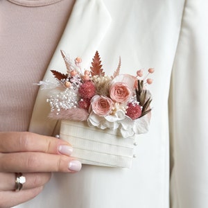 Wedding pocket boutonniere for men, Groom accessories, Bridal boutonniere of dry flowers, Preserved peony and roses, Groomsmen boutonniere